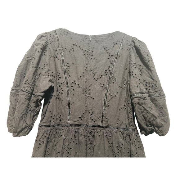 Beulah Eyelet bubble Hem Mini Dress fit flare Medium Black Puff Sleeves Romantic - Picture 9 of 16